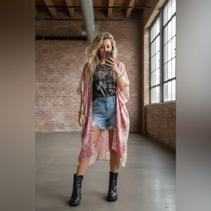 NWT UMGEE Floral Print Boho Silky Kimono Duster Coverup Cream